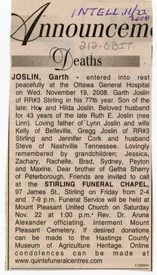 Garth Joslin Obituary, Intelligencer