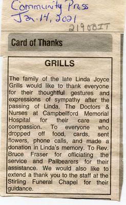 Linda Joyce Grills, Cards of Thanks