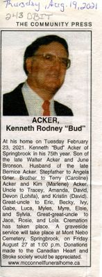 Kenneth Rodney &quot;Bud&quot; Acker Obituary, Community Press