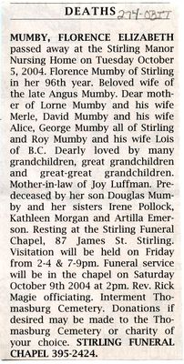 Florence Elizabeth Mumby Obituary