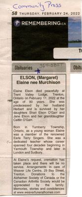 Elaine (Margaret) Elson Obituary, Community Press