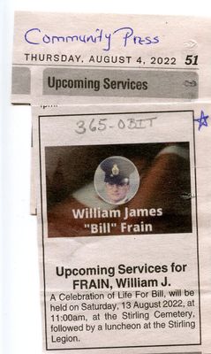 William James &quot;Bill&quot; Frain Notice of Upcoming Service, Community Press