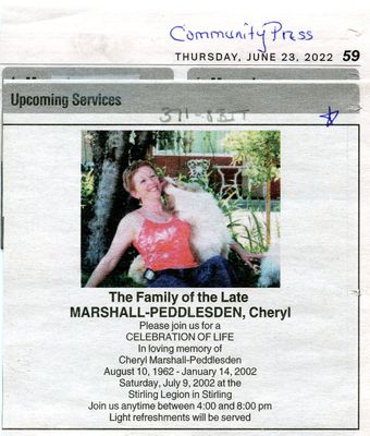 Cheryl Marshall-Peddlesden Notice of Upcoming Service, Community Press