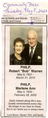 Robert "Bob" Warren Philp & Marlene Ann Philp Remembrance Notice