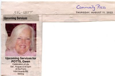 Gwen Potts Notice of Upcoming Service, Community Press