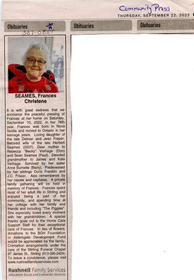 Frances Christene Seames Obituary, Community Press