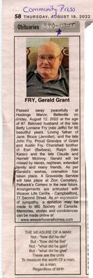 Gerald Grant Fry Obituary, Community Press