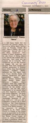 Fanny &quot;Neva&quot; Vandervoort Obituary, Community Press