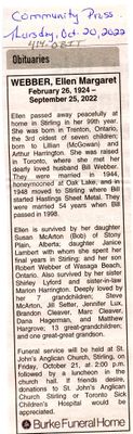 Ellen Margaret Webber Obituary, Community Press