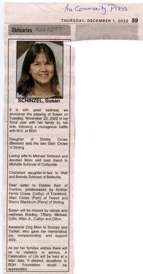 Susan Schinzel Obituary, Community Press