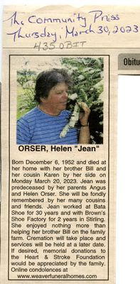 Helen &quot;Jean&quot; Orser Obituary, Community Press