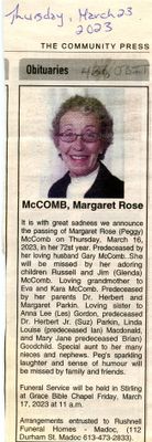 Margaret Rose McComb Obituary, Community Press