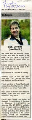 Loraine Lee (nee Martin) Obituary, Community Press