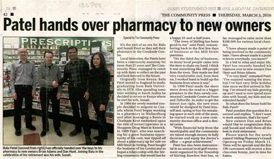 Patel hands over pharmacy to new owners, Community Press (2016)
