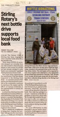 Stirling Rotary's next bottle drive supports local food bank, Community Press (2020)