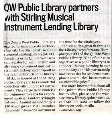 QW Public Library partners with Stirling Musical Instrument Lending Library, Community Press (2021)