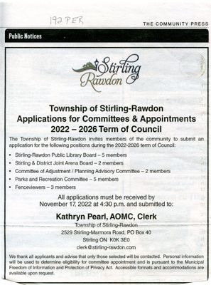 Township of Stirling-Rawdon Applications for Committees & Appointments 2022-2026 Term of Council, Community Press (2022)