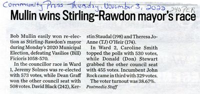 Mullin wins Stirling-Rawdon mayor's race, Community Press (2022)