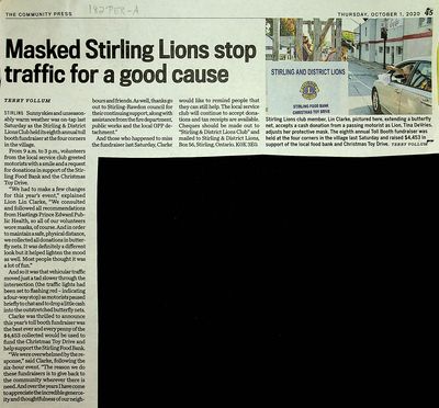 Masked Stirling Lions stop traffic for a good cause, Community Press (2020)