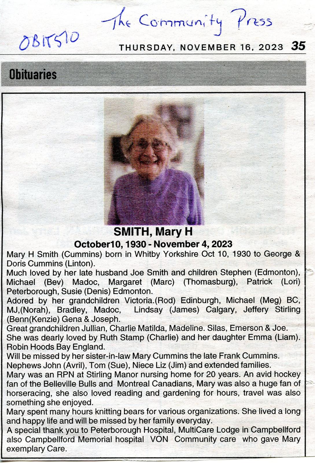 Mary H. Smith (Cummins) Obituary, Community Press: Ontario Community News