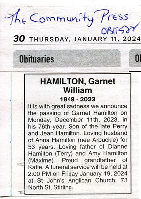 Garnet William Hamilton Obituary, Community Press