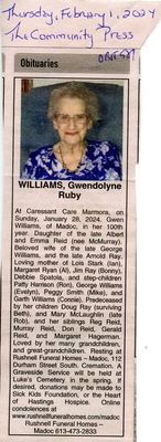 Gwendolyne (Gwen) Ruby Williams Obituary, Community Press