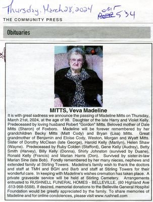 Veva Madeline Mitts Obituary, Community Press