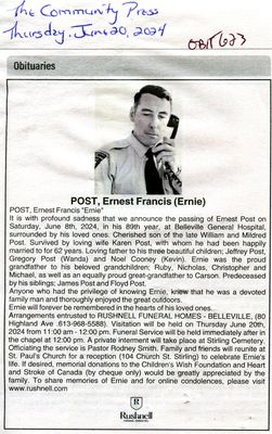 Ernest Francis (Ernie) Post Obituary, Community Press