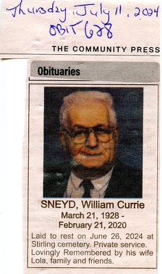 William Currie Sneyd Obituary, Community Press