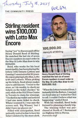 Stirling resident wins $100,000 with Lotto Max Encore, Community Press