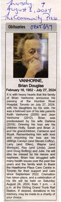 Brian Douglas Vanhorne, Obituary, Community Press