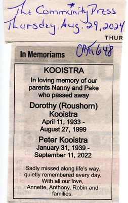 Dorothy and Peter Kooistra In Memoriam, Community Press