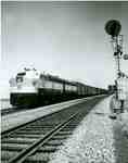 CPR freight service diesel locomotive, passing a railway signal, not Swift Current, n.d.