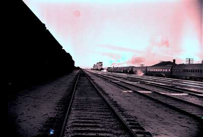 CPR yards, train heading west, Swift Current, c. 1951.