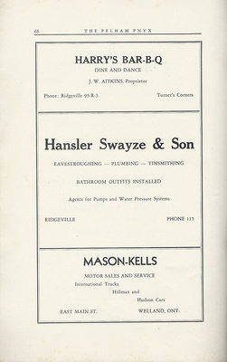 Pelham Pnyx Advertisements - Harry's Bar-B-Q, Hansler Swayze & Son, and Mason-Kells Motor Sales and Serivce