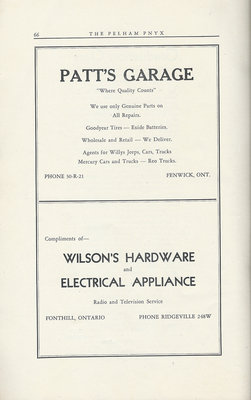 Pelham Pnyx Advertisements - Patt's Garage, and Wilson's Hardware and Electrical Appliance