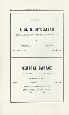 Pelham Pnyx Advertisements - J. M. B. McClellan General Merchant and Imperial Oil Dealer, and Central Garage