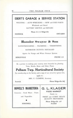 Pelham Pnyx Advertisements - Ebert's Garage & Service Station, Hansler Swayze & Son, Pelham Twp. Horticultural Society, Howell's Marketeria, and G. L. Klager Food Market