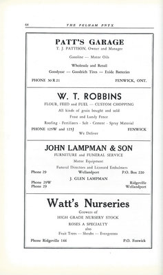 Pelham Pnyx Advertisements - Patt's Garage, W. T. Robbins, John Lampman & Son, and Watt's Nurseries