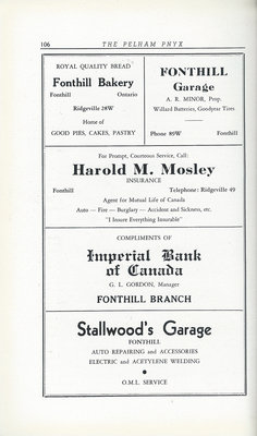Pelham Pnyx Advertisements - Fonthill Bakery, Fonthill Garage, Harold M. Mosley Insurance, Imperial Bank of Canada, and Stallwood's Garage