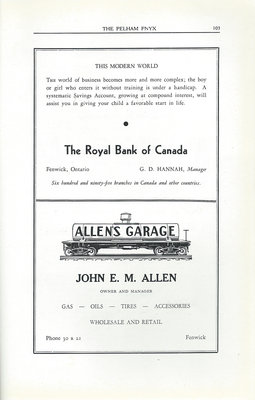 Pelham Pnyx Advertisements - The Royal Bank of Canada, and Allen's Garage