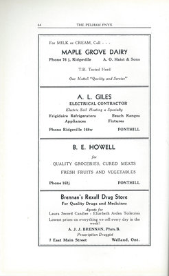 Pelham Pnyx Advertisements - Maple Grove Dairy, A. L. Giles Electrical Contractor, B.E Howell Quality Groceries, and Brennan's Rexall Drug Store
