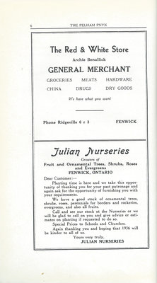 Pelham Pnyx Advertisements - The Red & White Store General Merchant, and Julian Nurseries