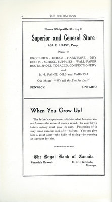 Pelham Pnyx Advertisements - Superior and General Store, and The Royal Bank of Canada