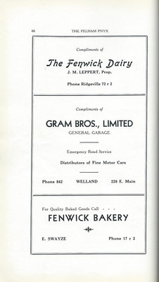 Pelham Pnyx Advertisements - The Fenwick Dairy, Gram Bros. Limited General Garage, and Fenwick Bakery