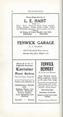 Pelham Pnyx Advertisements - L. E. Haist Farm Supplies, Fenwick Garage, Lorraine Floral Gardens, and Fenwick Hennery