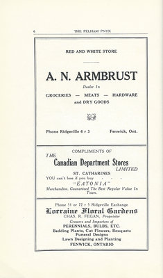 Pelham Pnyx Advertisements - A. N. Armbrust, The Canadian Department Stores, and Lorraine Floral Gardens