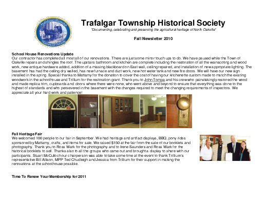 Trafalgar Township Historical Society Newsletter 2010 Fall