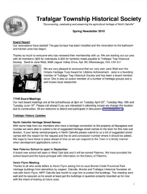 Trafalgar Township Historical Society Newsletter 2010 Spring