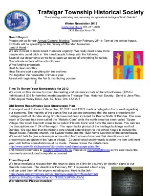 Trafalgar Township Historical Society Newsletter 2012 Winter